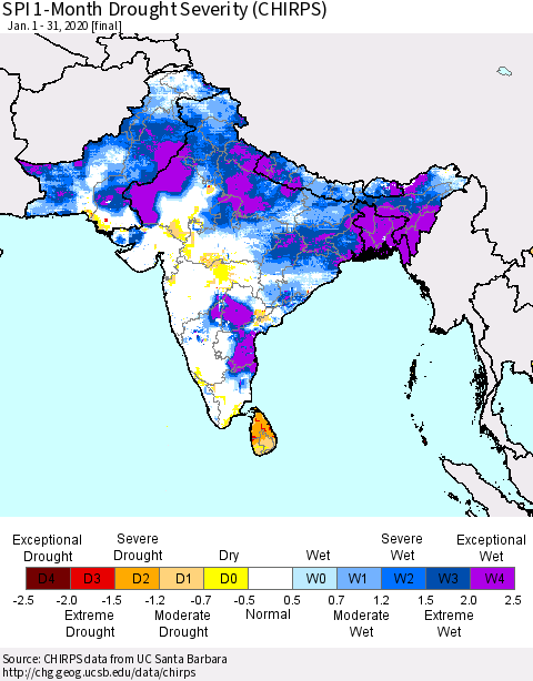 Southern Asia SPI 1-Month Drought Severity (CHIRPS) Thematic Map For 1/1/2020 - 1/31/2020