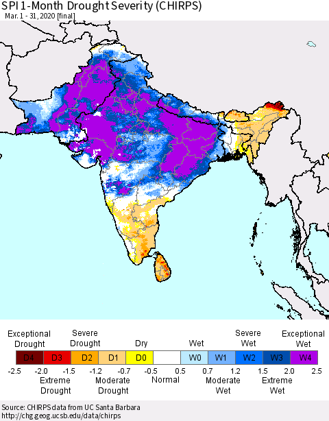 Southern Asia SPI 1-Month Drought Severity (CHIRPS) Thematic Map For 3/1/2020 - 3/31/2020