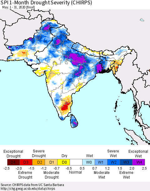 Southern Asia SPI 1-Month Drought Severity (CHIRPS) Thematic Map For 5/1/2020 - 5/31/2020