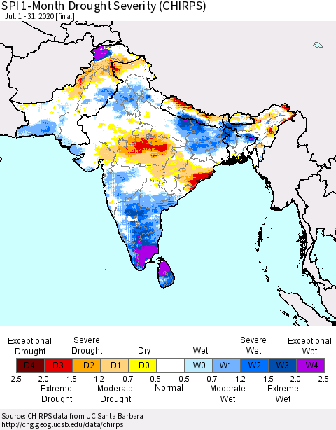 Southern Asia SPI 1-Month Drought Severity (CHIRPS) Thematic Map For 7/1/2020 - 7/31/2020