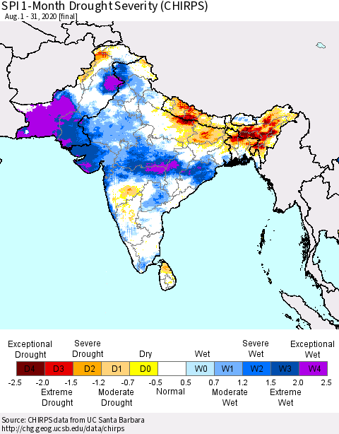 Southern Asia SPI 1-Month Drought Severity (CHIRPS) Thematic Map For 8/1/2020 - 8/31/2020