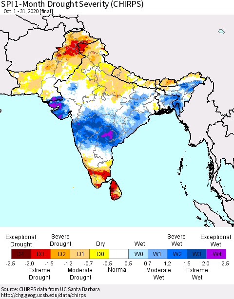 Southern Asia SPI 1-Month Drought Severity (CHIRPS) Thematic Map For 10/1/2020 - 10/31/2020