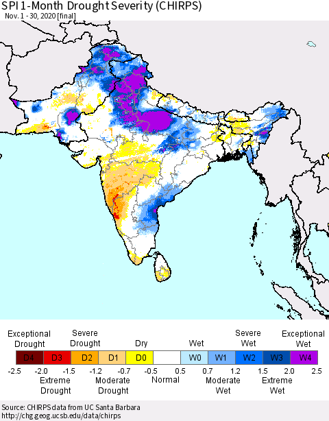 Southern Asia SPI 1-Month Drought Severity (CHIRPS) Thematic Map For 11/1/2020 - 11/30/2020
