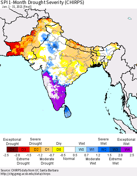 Southern Asia SPI 1-Month Drought Severity (CHIRPS) Thematic Map For 1/1/2021 - 1/31/2021