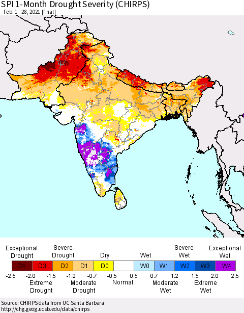 Southern Asia SPI 1-Month Drought Severity (CHIRPS) Thematic Map For 2/1/2021 - 2/28/2021