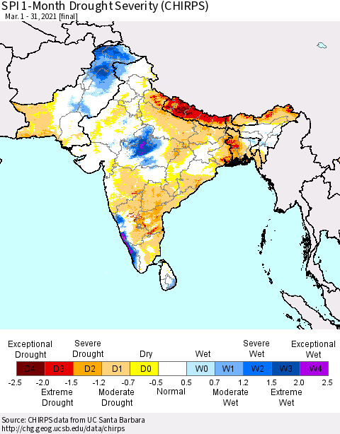 Southern Asia SPI 1-Month Drought Severity (CHIRPS) Thematic Map For 3/1/2021 - 3/31/2021