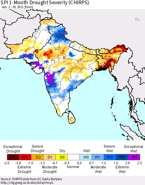 Southern Asia SPI 1-Month Drought Severity (CHIRPS) Thematic Map For 4/1/2021 - 4/30/2021