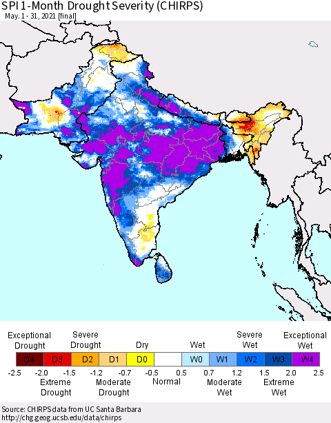 Southern Asia SPI 1-Month Drought Severity (CHIRPS) Thematic Map For 5/1/2021 - 5/31/2021
