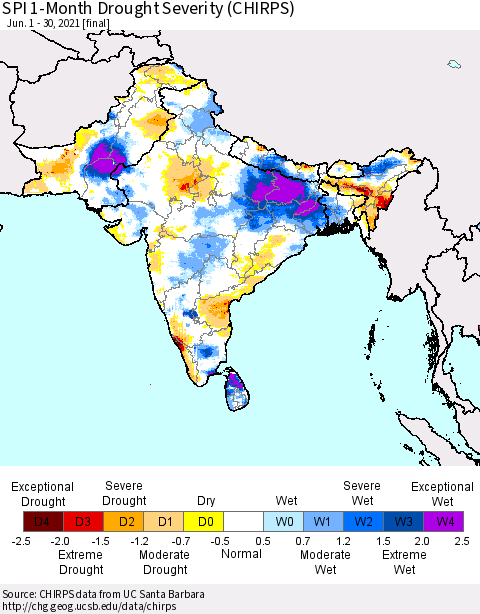 Southern Asia SPI 1-Month Drought Severity (CHIRPS) Thematic Map For 6/1/2021 - 6/30/2021