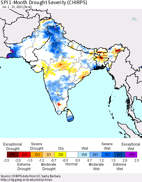 Southern Asia SPI 1-Month Drought Severity (CHIRPS) Thematic Map For 7/1/2021 - 7/31/2021