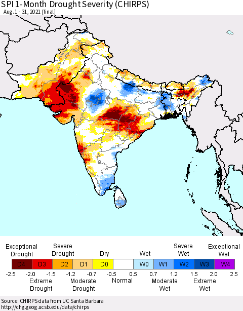 Southern Asia SPI 1-Month Drought Severity (CHIRPS) Thematic Map For 8/1/2021 - 8/31/2021