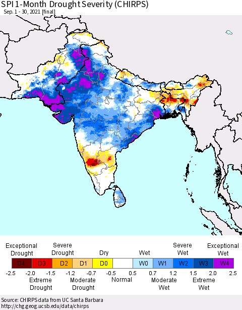 Southern Asia SPI 1-Month Drought Severity (CHIRPS) Thematic Map For 9/1/2021 - 9/30/2021