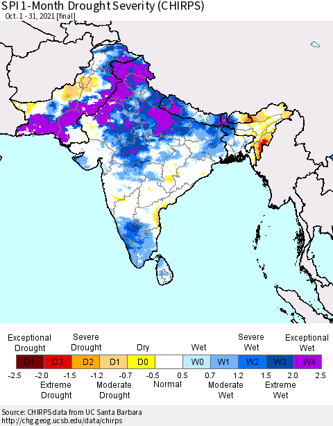Southern Asia SPI 1-Month Drought Severity (CHIRPS) Thematic Map For 10/1/2021 - 10/31/2021