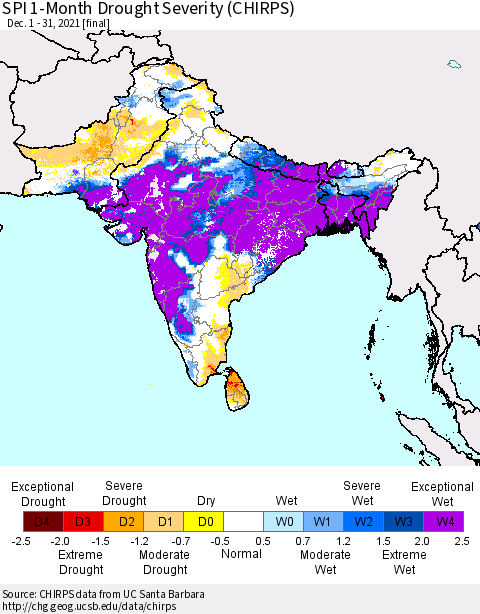 Southern Asia SPI 1-Month Drought Severity (CHIRPS) Thematic Map For 12/1/2021 - 12/31/2021