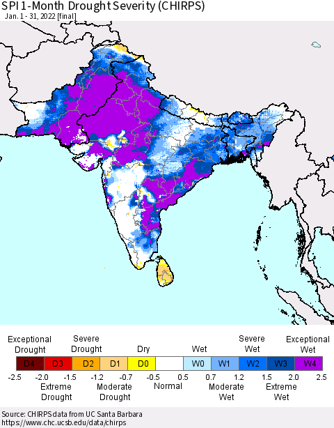 Southern Asia SPI 1-Month Drought Severity (CHIRPS) Thematic Map For 1/1/2022 - 1/31/2022