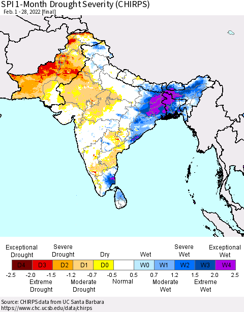 Southern Asia SPI 1-Month Drought Severity (CHIRPS) Thematic Map For 2/1/2022 - 2/28/2022