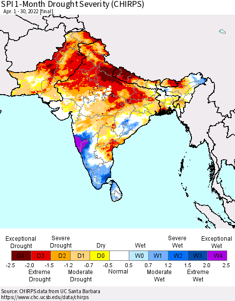 Southern Asia SPI 1-Month Drought Severity (CHIRPS) Thematic Map For 4/1/2022 - 4/30/2022