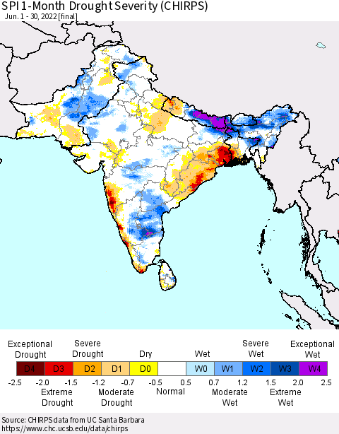 Southern Asia SPI 1-Month Drought Severity (CHIRPS) Thematic Map For 6/1/2022 - 6/30/2022