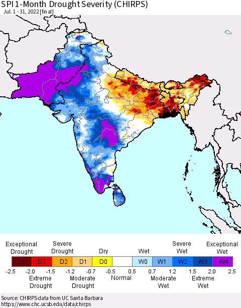 Southern Asia SPI 1-Month Drought Severity (CHIRPS) Thematic Map For 7/1/2022 - 7/31/2022