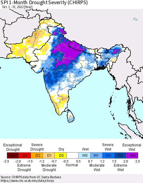 Southern Asia SPI 1-Month Drought Severity (CHIRPS) Thematic Map For 10/1/2022 - 10/31/2022