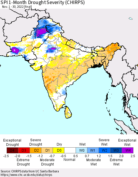 Southern Asia SPI 1-Month Drought Severity (CHIRPS) Thematic Map For 11/1/2022 - 11/30/2022