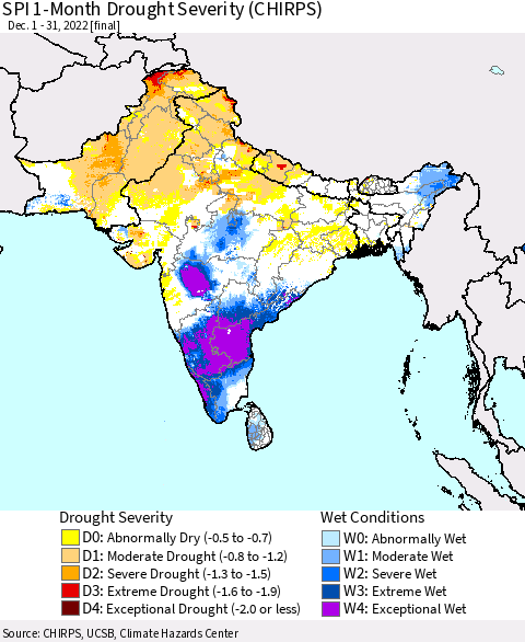 Southern Asia SPI 1-Month Drought Severity (CHIRPS) Thematic Map For 12/1/2022 - 12/31/2022