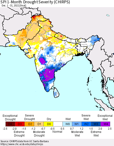 Southern Asia SPI 1-Month Drought Severity (CHIRPS) Thematic Map For 12/1/2022 - 12/31/2022