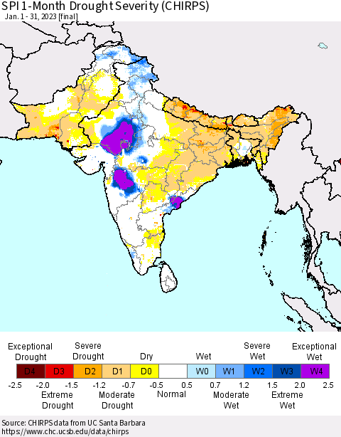 Southern Asia SPI 1-Month Drought Severity (CHIRPS) Thematic Map For 1/1/2023 - 1/31/2023