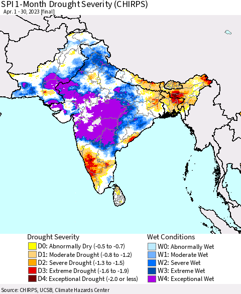 Southern Asia SPI 1-Month Drought Severity (CHIRPS) Thematic Map For 4/1/2023 - 4/30/2023