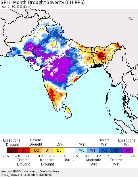 Southern Asia SPI 1-Month Drought Severity (CHIRPS) Thematic Map For 4/1/2023 - 4/30/2023