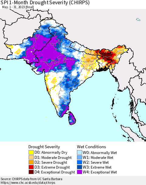 Southern Asia SPI 1-Month Drought Severity (CHIRPS) Thematic Map For 5/1/2023 - 5/31/2023
