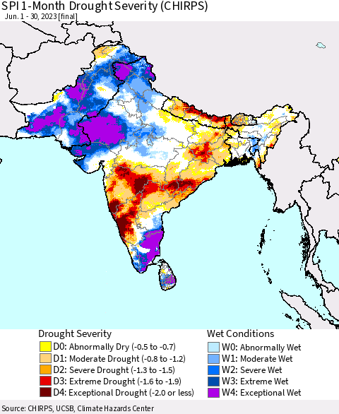 Southern Asia SPI 1-Month Drought Severity (CHIRPS) Thematic Map For 6/1/2023 - 6/30/2023