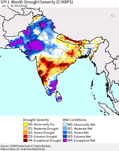 Southern Asia SPI 1-Month Drought Severity (CHIRPS) Thematic Map For 6/1/2023 - 6/30/2023