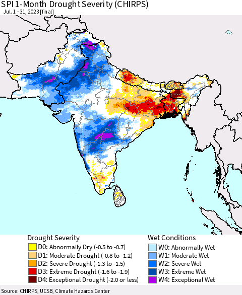 Southern Asia SPI 1-Month Drought Severity (CHIRPS) Thematic Map For 7/1/2023 - 7/31/2023