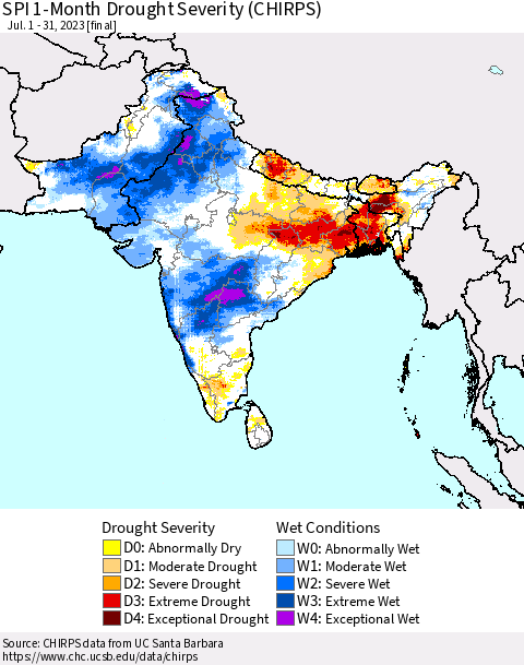 Southern Asia SPI 1-Month Drought Severity (CHIRPS) Thematic Map For 7/1/2023 - 7/31/2023