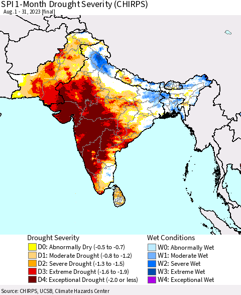 Southern Asia SPI 1-Month Drought Severity (CHIRPS) Thematic Map For 8/1/2023 - 8/31/2023