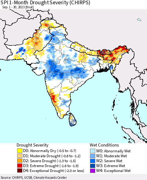 Southern Asia SPI 1-Month Drought Severity (CHIRPS) Thematic Map For 9/1/2023 - 9/30/2023