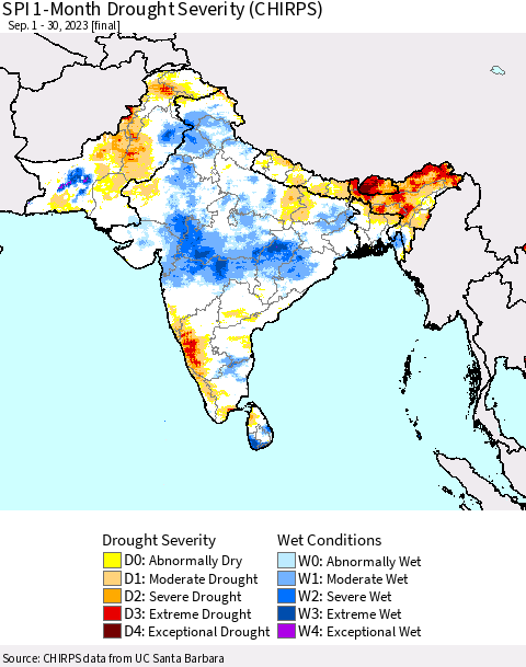 Southern Asia SPI 1-Month Drought Severity (CHIRPS) Thematic Map For 9/1/2023 - 9/30/2023