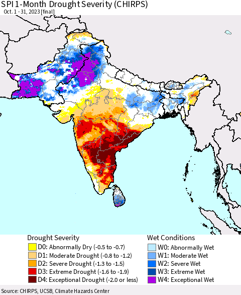 Southern Asia SPI 1-Month Drought Severity (CHIRPS) Thematic Map For 10/1/2023 - 10/31/2023