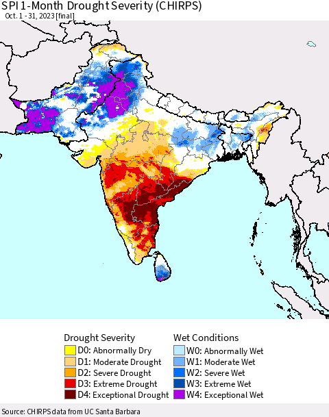 Southern Asia SPI 1-Month Drought Severity (CHIRPS) Thematic Map For 10/1/2023 - 10/31/2023