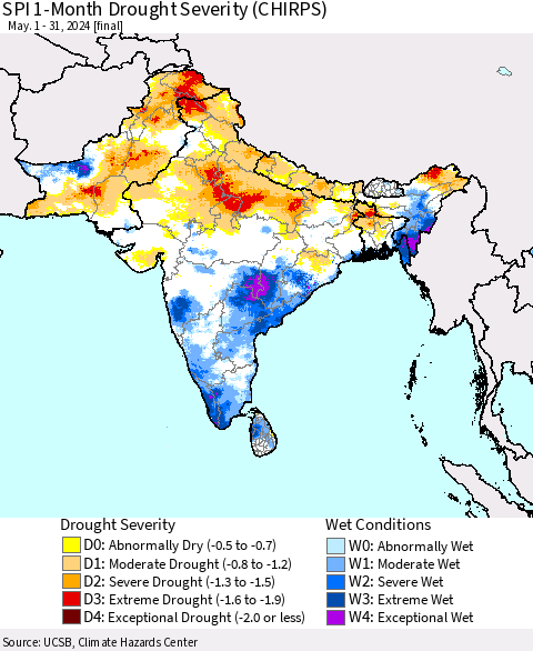 Southern Asia SPI 1-Month Drought Severity (CHIRPS) Thematic Map For 5/1/2024 - 5/31/2024