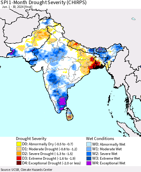 Southern Asia SPI 1-Month Drought Severity (CHIRPS) Thematic Map For 6/1/2024 - 6/30/2024
