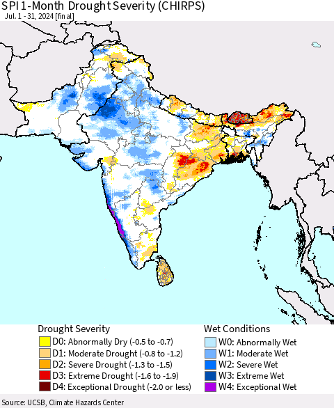 Southern Asia SPI 1-Month Drought Severity (CHIRPS) Thematic Map For 7/1/2024 - 7/31/2024