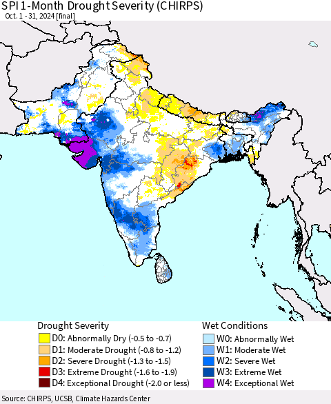 Southern Asia SPI 1-Month Drought Severity (CHIRPS) Thematic Map For 10/1/2024 - 10/31/2024