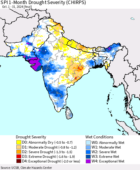 Southern Asia SPI 1-Month Drought Severity (CHIRPS) Thematic Map For 10/1/2024 - 10/31/2024