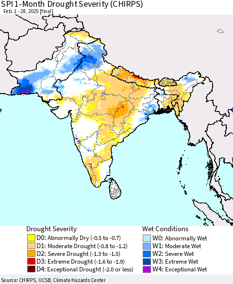 Southern Asia SPI 1-Month Drought Severity (CHIRPS) Thematic Map For 2/1/2025 - 2/28/2025