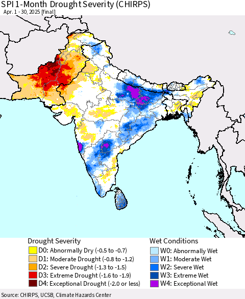 Southern Asia SPI 1-Month Drought Severity (CHIRPS) Thematic Map For 4/1/2025 - 4/30/2025