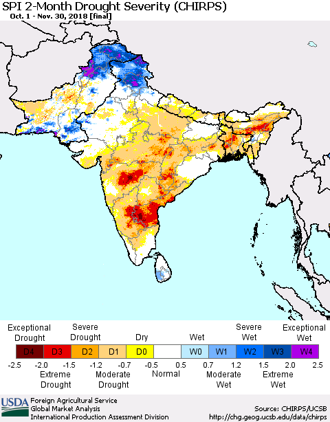 Southern Asia SPI 2-Month Drought Severity (CHIRPS) Thematic Map For 10/1/2018 - 11/30/2018