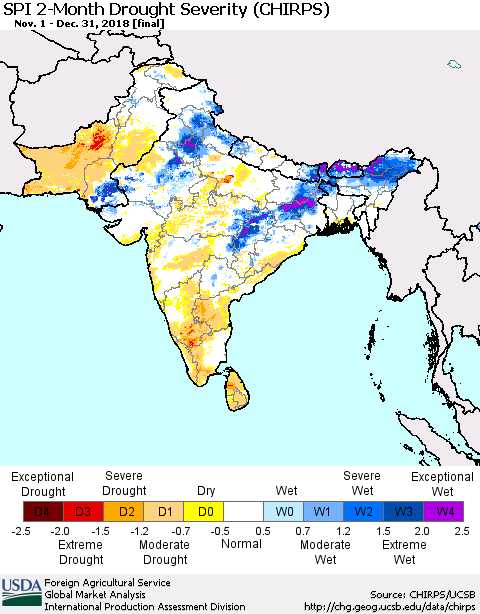 Southern Asia SPI 2-Month Drought Severity (CHIRPS) Thematic Map For 11/1/2018 - 12/31/2018