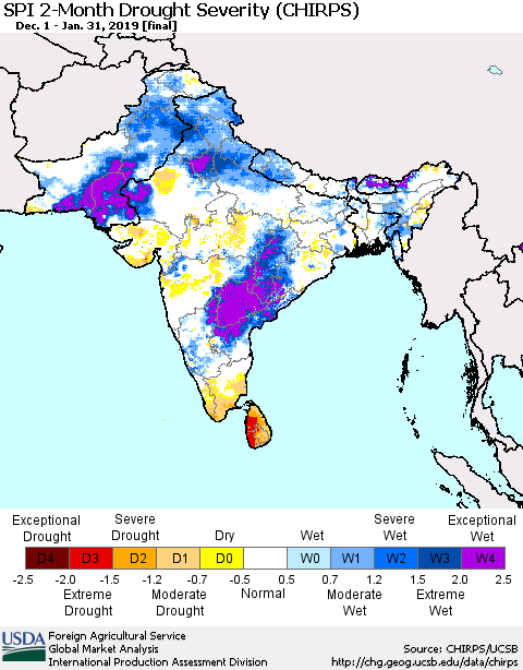 Southern Asia SPI 2-Month Drought Severity (CHIRPS) Thematic Map For 12/1/2018 - 1/31/2019